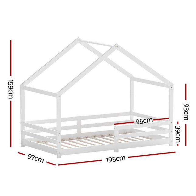Artiss Bed Frame Wooden Kids Single House Frame White AMOS.