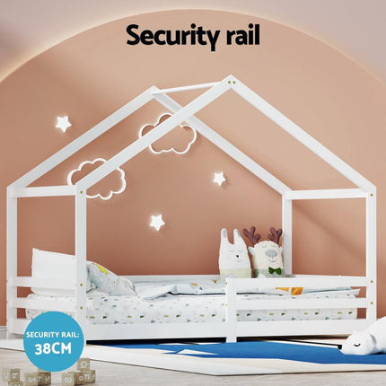Artiss Bed Frame Wooden Kids Single House Frame White AMOS.
