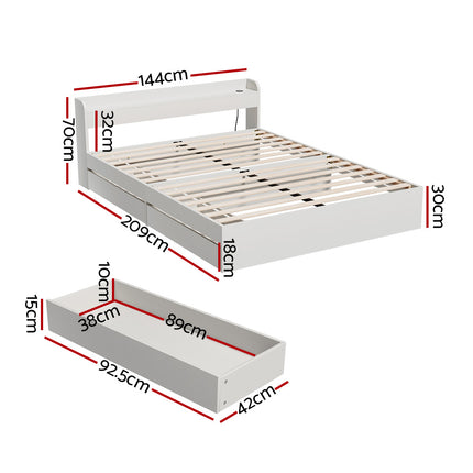 Artiss Bed Frame Double Size Mattress Base wtih Charging Ports 2 Storage Drawers.