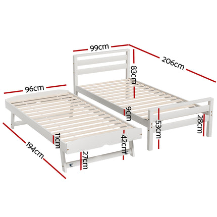 Artiss Bed Frame Single Size 2-in-1 Trundle Wooden White AVIS.