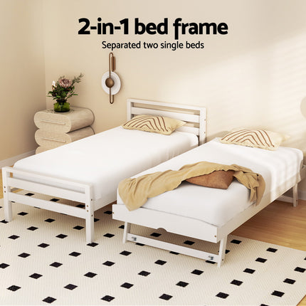 Artiss Bed Frame Single Size 2-in-1 Trundle Wooden White AVIS.