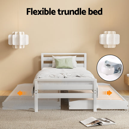 Artiss Bed Frame Single Size 2-in-1 Trundle Wooden White AVIS.