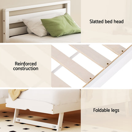Artiss Bed Frame Single Size 2-in-1 Trundle Wooden White AVIS.