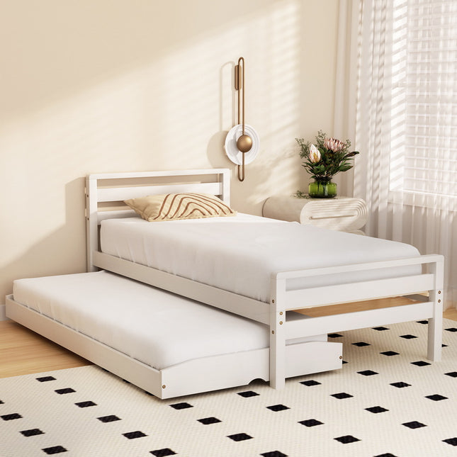 Artiss Bed Frame Single Size 2-in-1 Trundle Wooden White AVIS.
