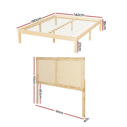 Artiss Bed Frame Double Size with Rattan Headboard Wooden Bed Base BRUNO.