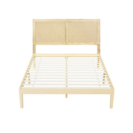 Artiss Bed Frame Queen Size with Rattan Headboard Wooden Bed Base BRUNO.