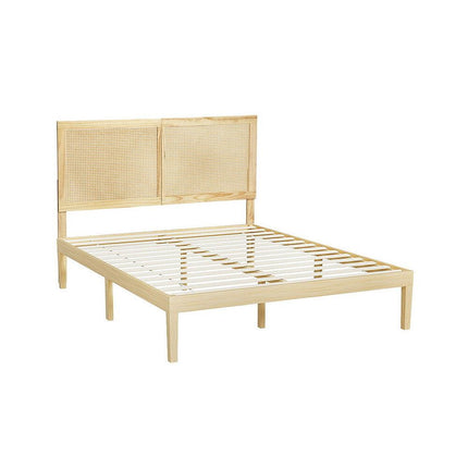 Artiss Bed Frame Queen Size with Rattan Headboard Wooden Bed Base BRUNO.