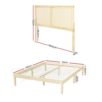 Artiss Bed Frame Queen Size with Rattan Headboard Wooden Bed Base BRUNO.