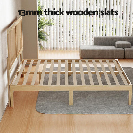 Artiss Bed Frame Queen Size with Rattan Headboard Wooden Bed Base BRUNO.