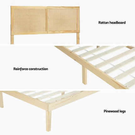 Artiss Bed Frame Queen Size with Rattan Headboard Wooden Bed Base BRUNO.