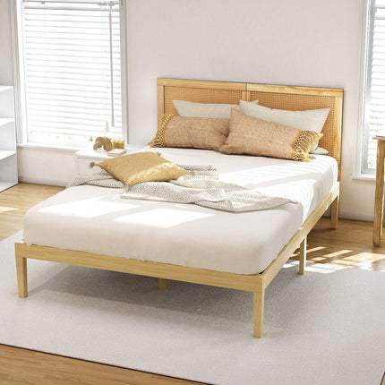 Artiss Bed Frame Queen Size with Rattan Headboard Wooden Bed Base BRUNO.
