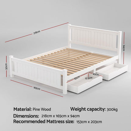 Artiss Bed Frame Queen Size Wooden Platform with 2 Storage Drawers White RIO.