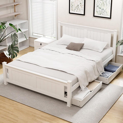 Artiss Bed Frame Queen Size Wooden Platform with 2 Storage Drawers White RIO.
