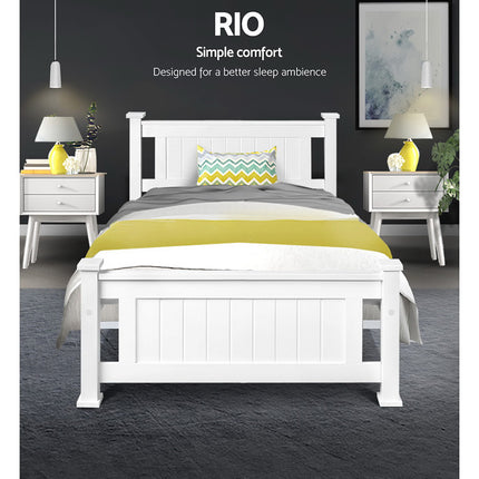 Artiss Bed Frame Single Size Wooden White RIO.