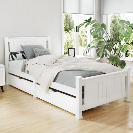 Artiss Bed Frame Single Size Wooden with 2 Drawers White RIO.