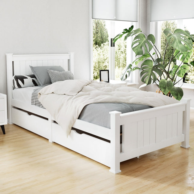 Artiss Bed Frame Single Size Wooden with 2 Drawers White RIO.