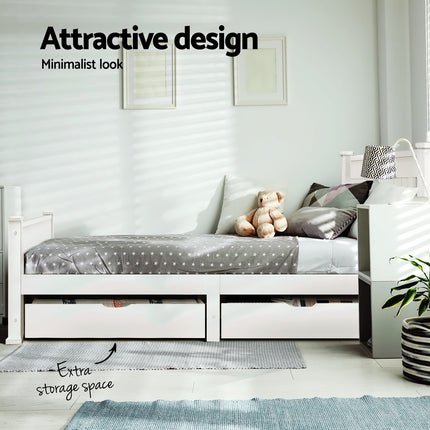 Artiss Bed Frame Single Size Wooden with 2 Drawers White RIO.