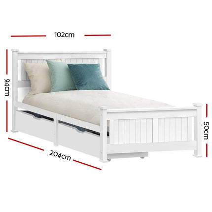 Artiss Bed Frame Single Size Wooden with 2 Drawers White RIO.