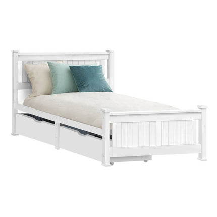 Artiss Bed Frame Single Size Wooden with 2 Drawers White RIO.