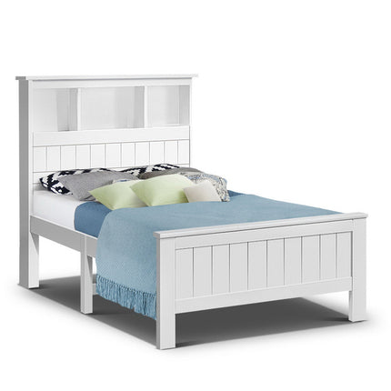 Artiss Bed Frame King Single Size Wooden with 3 Shelves Bed Head White.