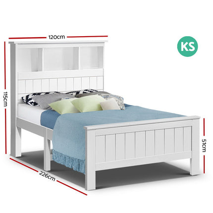 Artiss Bed Frame King Single Size Wooden with 3 Shelves Bed Head White.