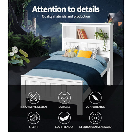 Artiss Bed Frame King Single Size Wooden with 3 Shelves Bed Head White.