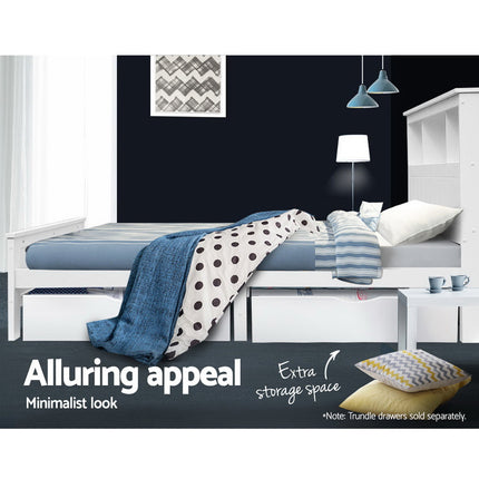 Artiss Bed Frame King Single Size Wooden with 3 Shelves Bed Head White.