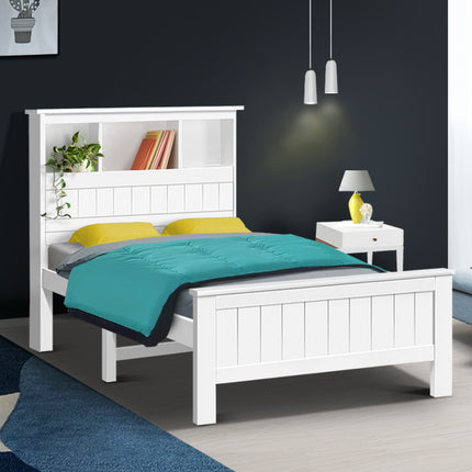 Artiss Bed Frame King Single Size Wooden with 3 Shelves Bed Head White.