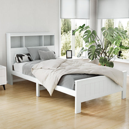 Artiss Bed Frame King Single Size Wooden with 3 Shelves Bed Head White.