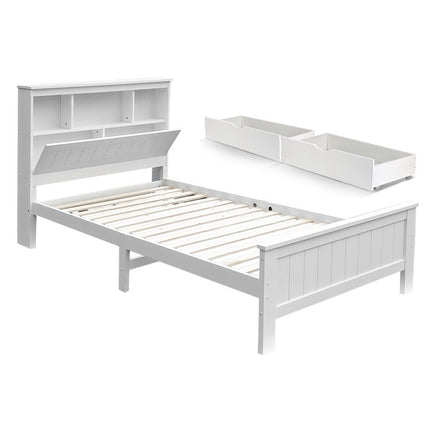 Artiss Bed Frame King Single Size Wooden with 2 Storage Drawers White.