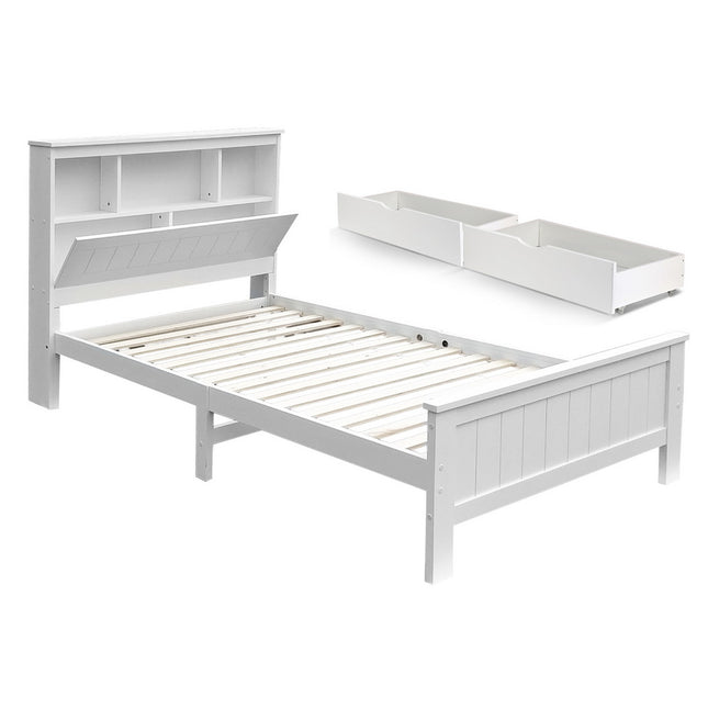 Artiss Bed Frame King Single Size Wooden with 2 Storage Drawers White.