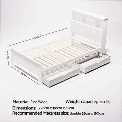 Artiss Bed Frame King Single Size Wooden with 2 Storage Drawers White.