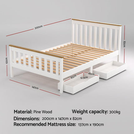 Artiss Bed Frame Double Size Wooden Platform with 2 Storage Drawers White PONY.