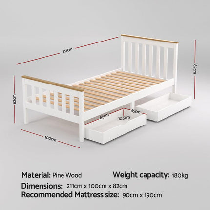 Artiss Bed Frame Single Size Wooden Platform with 2 Storage Drawers White PONY.