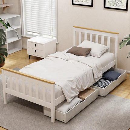 Artiss Bed Frame Single Size Wooden Platform with 2 Storage Drawers White PONY.