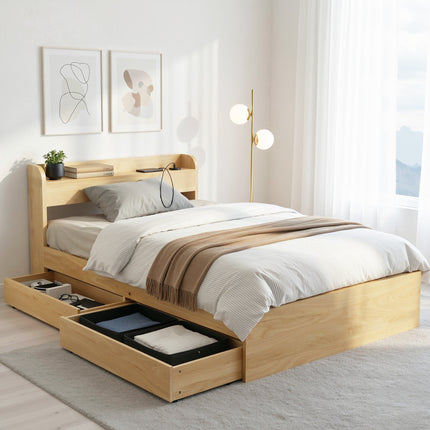 Artiss King Single Bed Frame with 2 Drawers Platform Bed with Headboard Bed Base with USB Ports Natural.