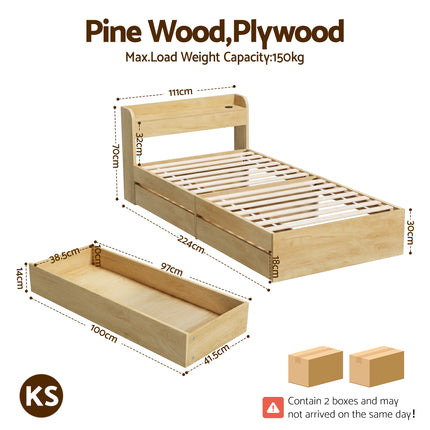 Artiss King Single Bed Frame with 2 Drawers Platform Bed with Headboard Bed Base with USB Ports Natural.