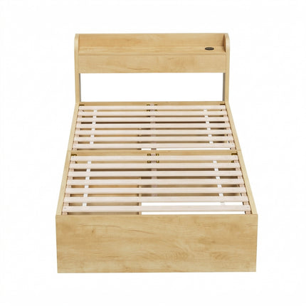 Artiss King Single Bed Frame with 2 Drawers Platform Bed with Headboard Bed Base with USB Ports Natural.