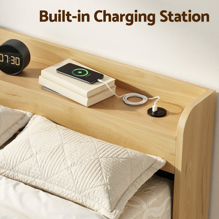 Artiss King Single Bed Frame with 2 Drawers Platform Bed with Headboard Bed Base with USB Ports Natural.