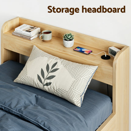 Artiss King Single Bed Frame with 2 Drawers Platform Bed with Headboard Bed Base with USB Ports Natural.