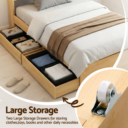 Artiss King Single Bed Frame with 2 Drawers Platform Bed with Headboard Bed Base with USB Ports Natural.