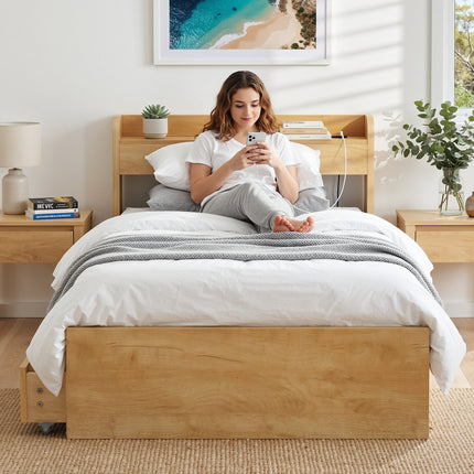 Artiss King Single Bed Frame with 2 Drawers Platform Bed with Headboard Bed Base with USB Ports Natural.