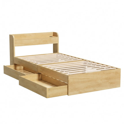 Artiss King Single Bed Frame with 2 Drawers Platform Bed with Headboard Bed Base with USB Ports Natural.