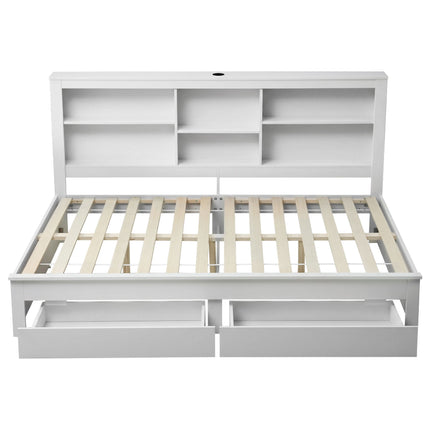Artiss Noise-Free White Farmhouse Solid Wood Double Platform Bed Frame with Storage Headboard, Charging Station and Drawers for Bedroom and Apartment