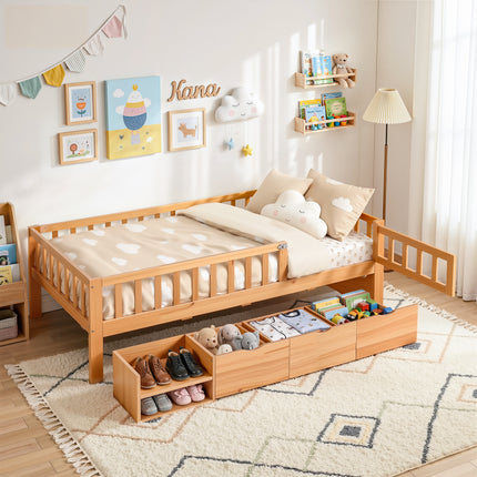 Artiss Kids Single Bed Frame with 3 Storage Drawer Montessori Bed for Toddler Natural.