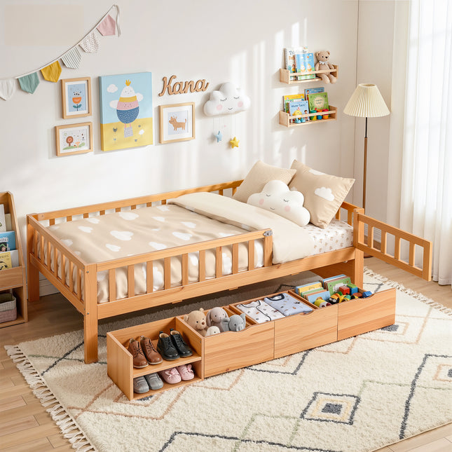 Artiss Kids Single Bed Frame with 3 Storage Drawer Montessori Bed for Toddler Natural.