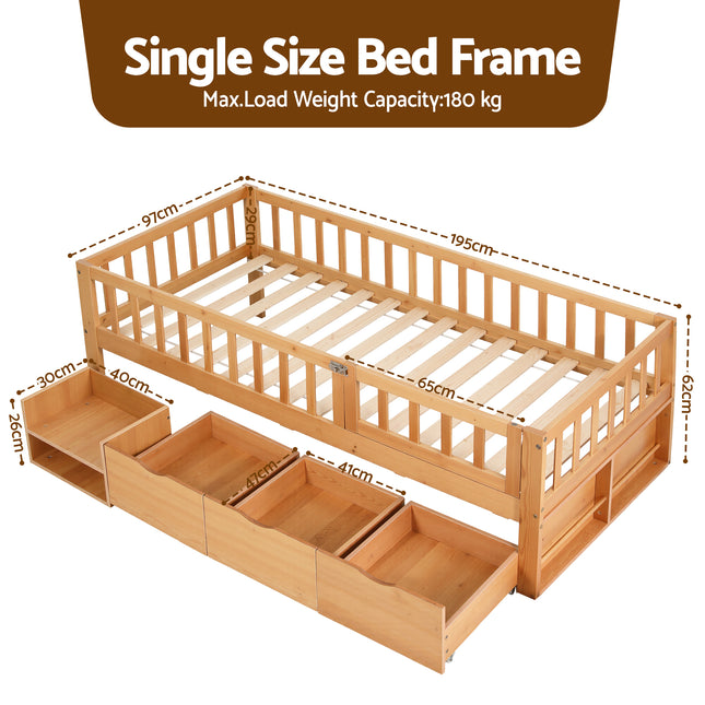 Artiss Kids Single Bed Frame with 3 Storage Drawer Montessori Bed for Toddler Natural.