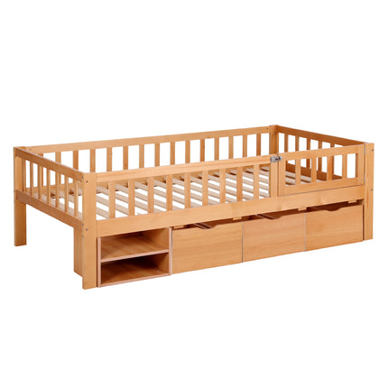 Artiss Kids Single Bed Frame with 3 Storage Drawer Montessori Bed for Toddler Natural.