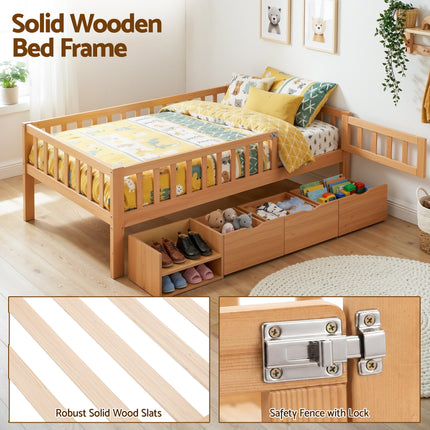 Artiss Kids Single Bed Frame with 3 Storage Drawer Montessori Bed for Toddler Natural.