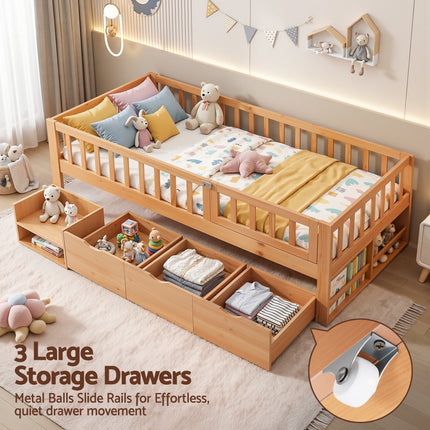 Artiss Kids Single Bed Frame with 3 Storage Drawer Montessori Bed for Toddler Natural.